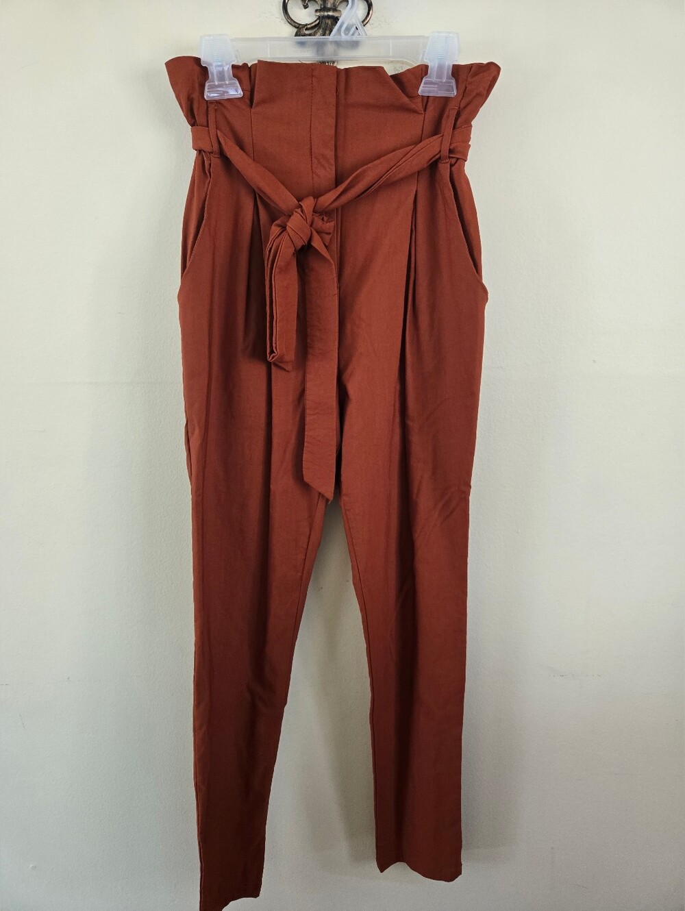 High-Waist Paperbag Pants with Tie Belt - Rust